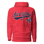 Scorpio zodiac sports graphic hoodie, red with blue ink, unisex athletic astrology apparel, front flat lay
