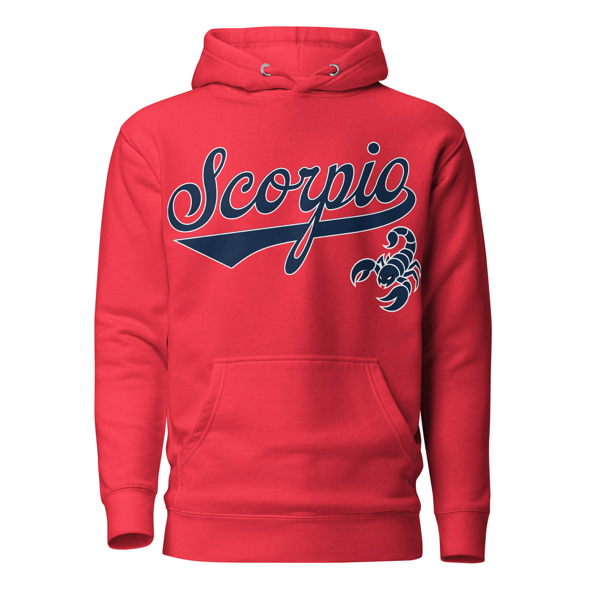 Scorpio zodiac sports graphic hoodie, red with blue ink, unisex athletic astrology apparel, front flat lay