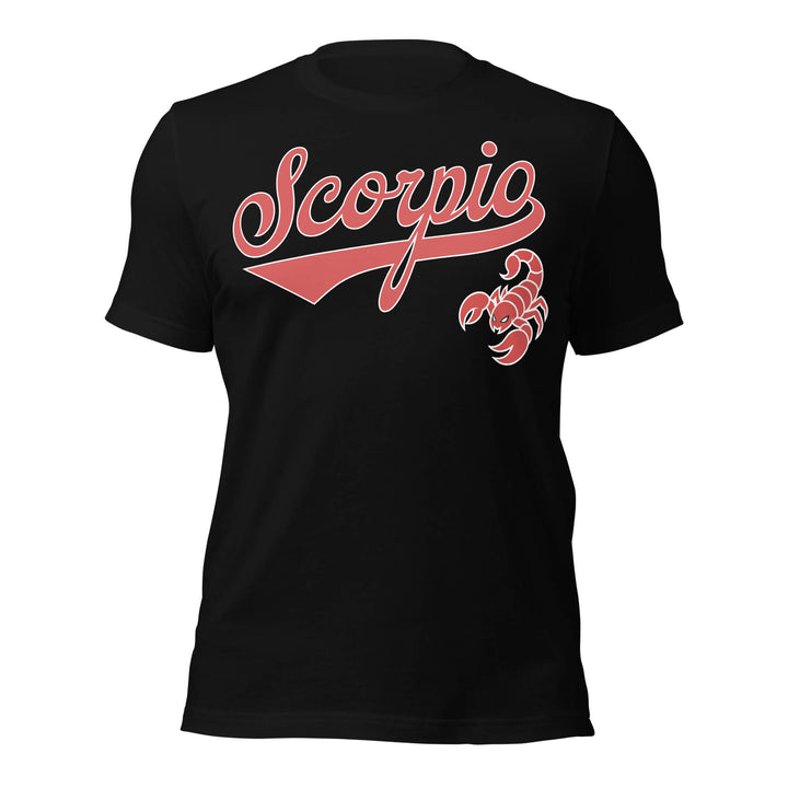 Black t-shirt with 'Scorpio' in red text and scorpion graphic on a white background. Black Shirt / Red Ink variant.