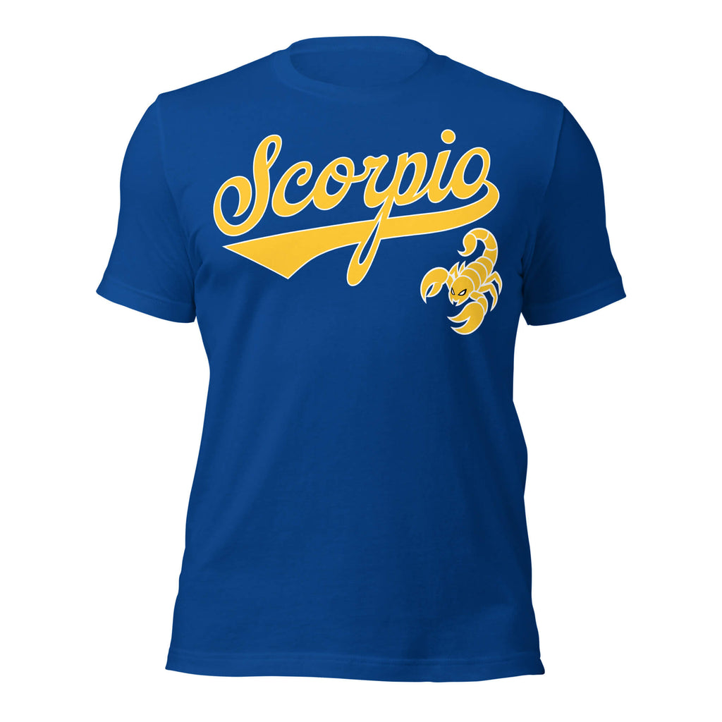 Scorpio zodiac sports graphic t-shirt, blue with gold ink, unisex athletic astrology apparel, front flat lay