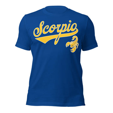 Scorpio zodiac sports graphic t-shirt, blue with gold ink, unisex athletic astrology apparel, front flat lay