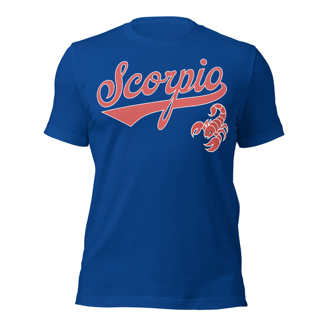 Blue t-shirt with 'Scorpio' text and scorpion graphic on a white background. Blue Shirt / Red Ink variant.