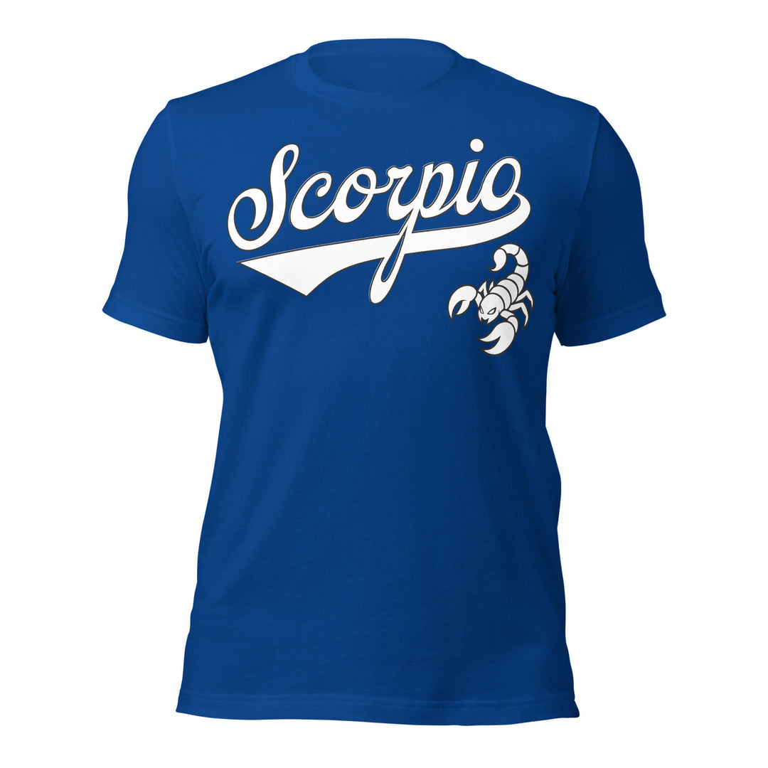 Blue t-shirt with 'Scorpio' and scorpion graphic on a white background. Blue Shirt / White Ink variant.