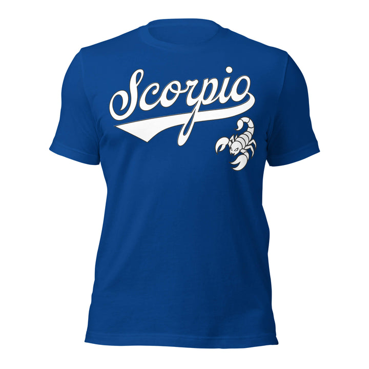 Blue t-shirt with 'Scorpio' and scorpion graphic on a white background. Blue Shirt / White Ink variant.