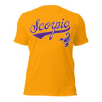 Scorpio zodiac sports graphic t-shirt, gold with purple ink, unisex athletic astrology apparel, front flat lay