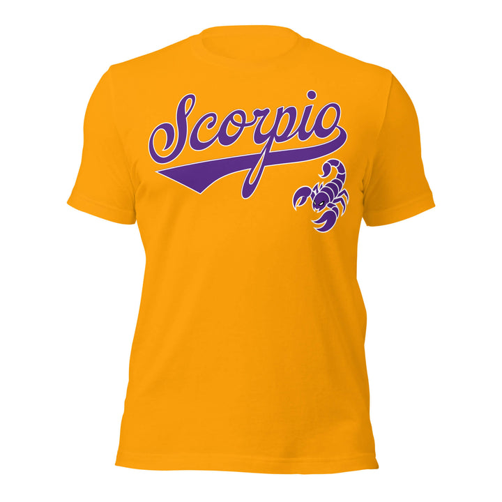 Yellow t-shirt with 'Scorpio' in purple text and scorpion logo on a white background. Gold Shirt / Purple Ink variant.