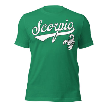 Scorpio zodiac sports graphic t-shirt, green with white ink, unisex athletic astrology apparel, front flat lay