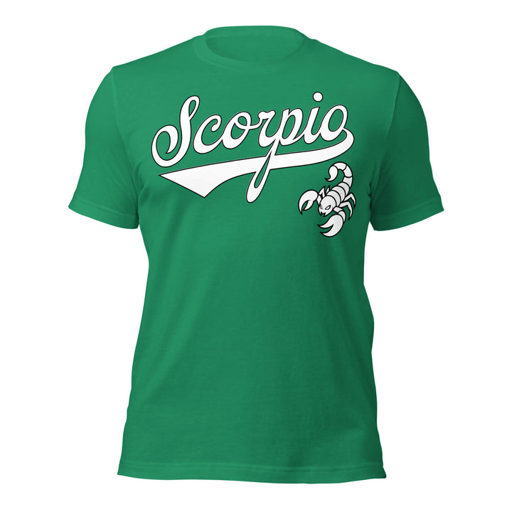 Green t-shirt with 'Scorpio' and scorpion graphic on a white background. Green Shirt / White Ink variant.