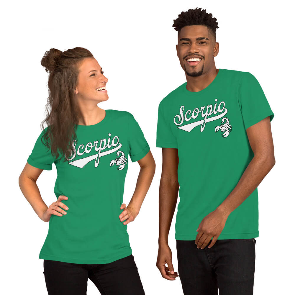 Two people wearing green t-shirts with 'Scorpio' text on a white background