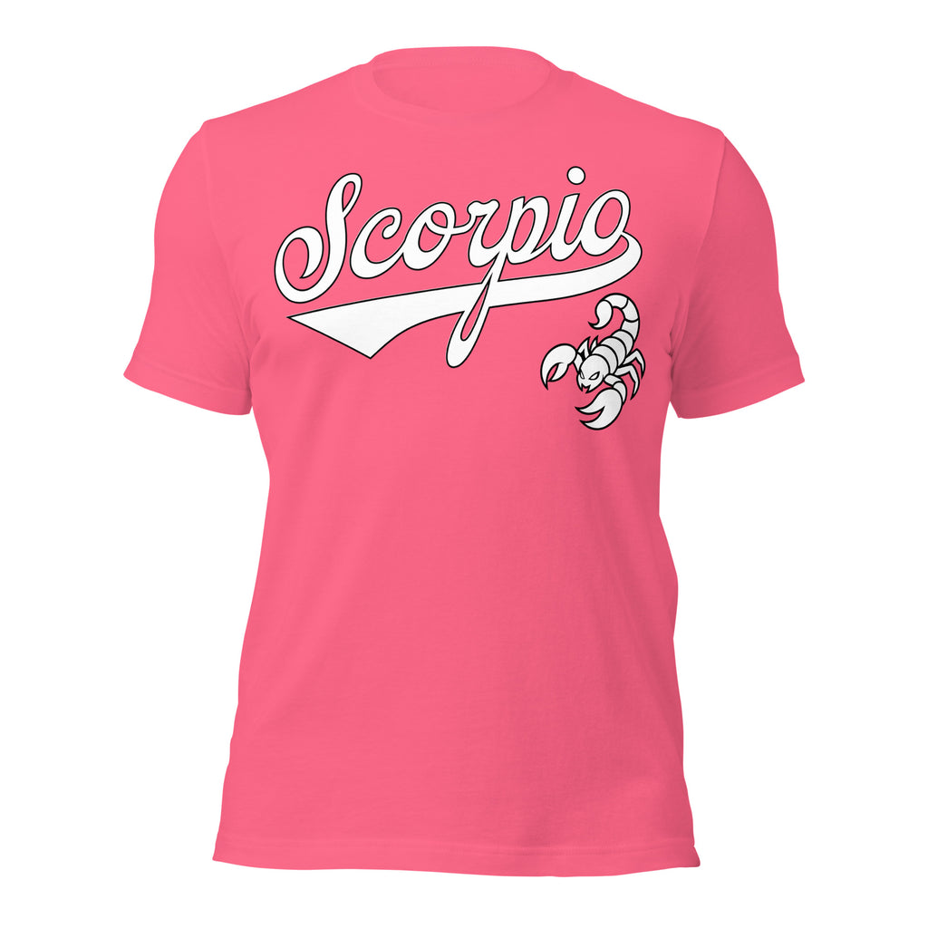 Scorpio zodiac sports graphic t-shirt, pink with white ink, unisex athletic astrology apparel, front flat lay