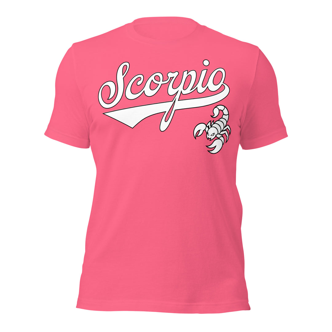 Pink t-shirt with 'Scorpio' design on a white background. Pink Shirt / White Ink variant.