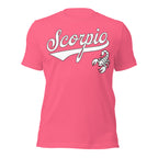 Scorpio zodiac sports graphic t-shirt, pink with white ink, unisex athletic astrology apparel, front flat lay