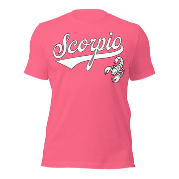 Scorpio zodiac sports graphic t-shirt, pink with white ink, unisex athletic astrology apparel, front flat lay