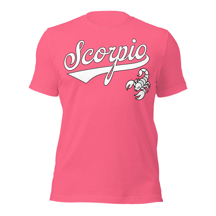 Pink t-shirt with 'Scorpio' design on a white background. Pink Shirt / White Ink variant.