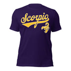 Scorpio zodiac sports graphic t-shirt, purple with gold ink, unisex athletic astrology apparel, front flat lay