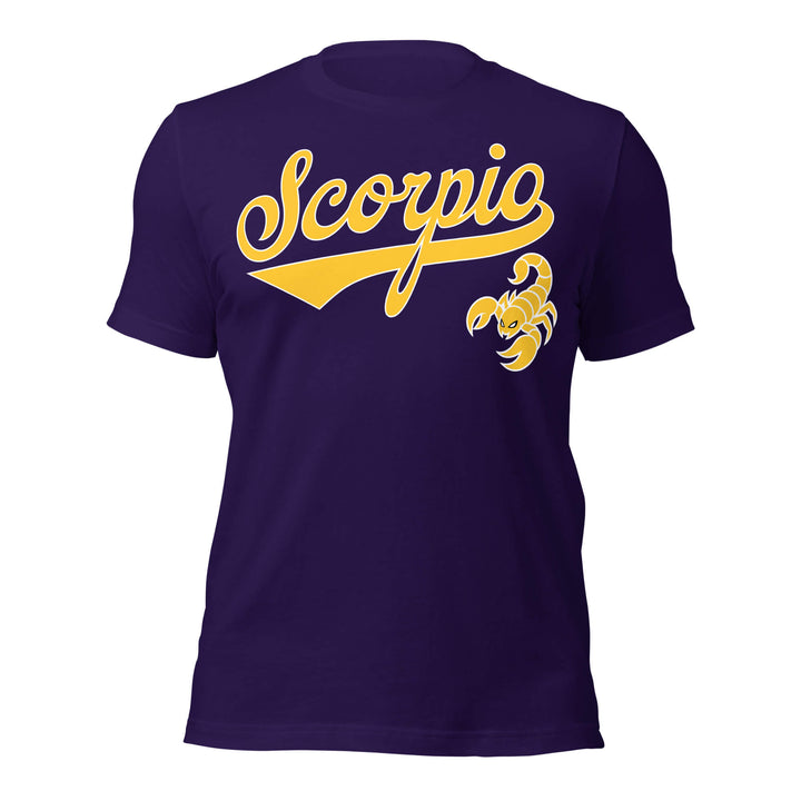 Purple t-shirt with yellow 'Scorpio' text and scorpion graphic on a white background. Purple Shirt / Gold Ink variant.