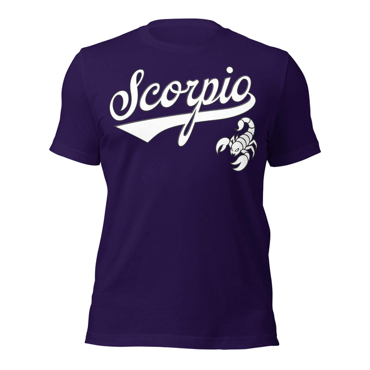 Purple t-shirt with 'Scorpio' and scorpion graphic on a white background. Purple Shirt / White Ink variant.