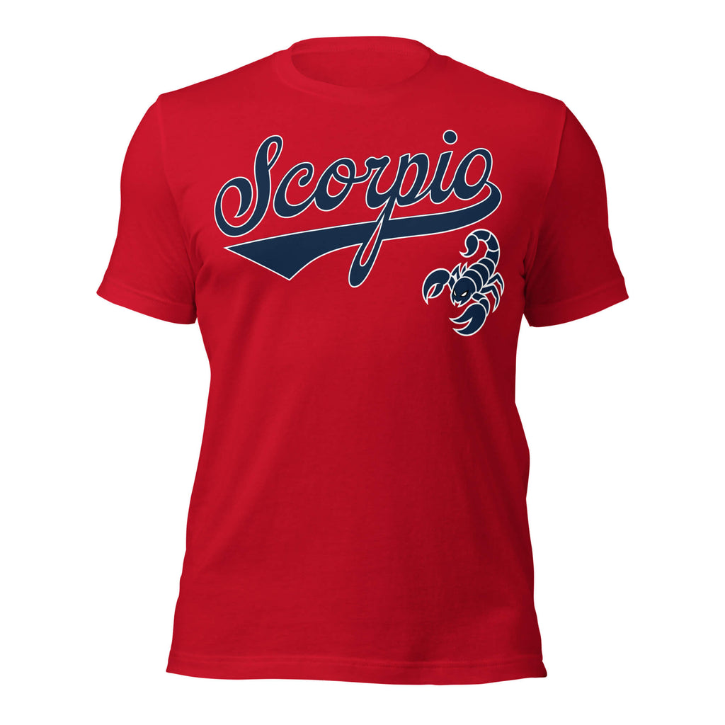 Scorpio zodiac sports graphic t-shirt, red with blue ink, unisex athletic astrology apparel, front flat lay