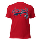 Scorpio zodiac sports graphic t-shirt, red with blue ink, unisex athletic astrology apparel, front flat lay