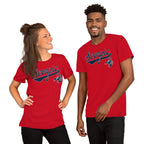 Two people wearing red t-shirts with a Scorpio zodiac graphic on a white background