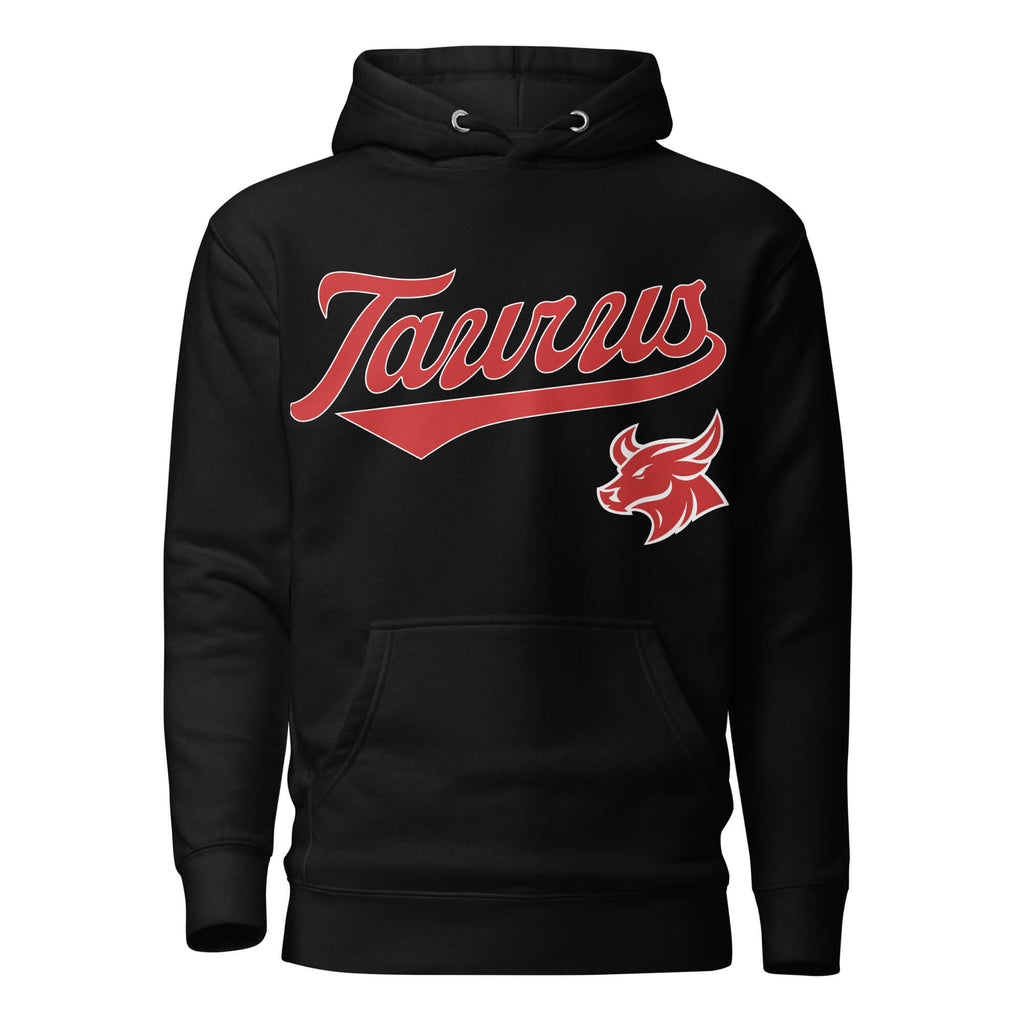 Taurus zodiac sports graphic hoodie, black with red ink, unisex athletic astrology apparel, front flat lay