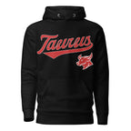 Taurus zodiac sports graphic hoodie, black with red ink, unisex athletic astrology apparel, front flat lay