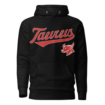 Taurus zodiac sports graphic hoodie, black with red ink, unisex athletic astrology apparel, front flat lay