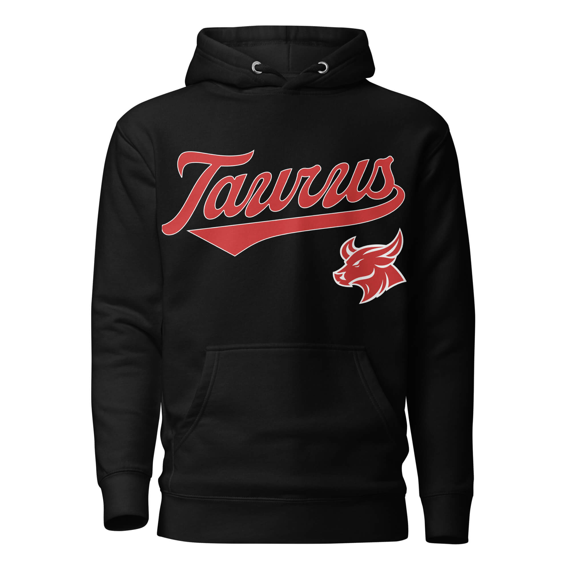 Taurus zodiac sports graphic hoodie, black with red ink, unisex athletic astrology apparel, front flat lay