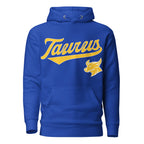 Taurus zodiac sports graphic hoodie, blue with gold ink, unisex athletic astrology apparel, front flat lay