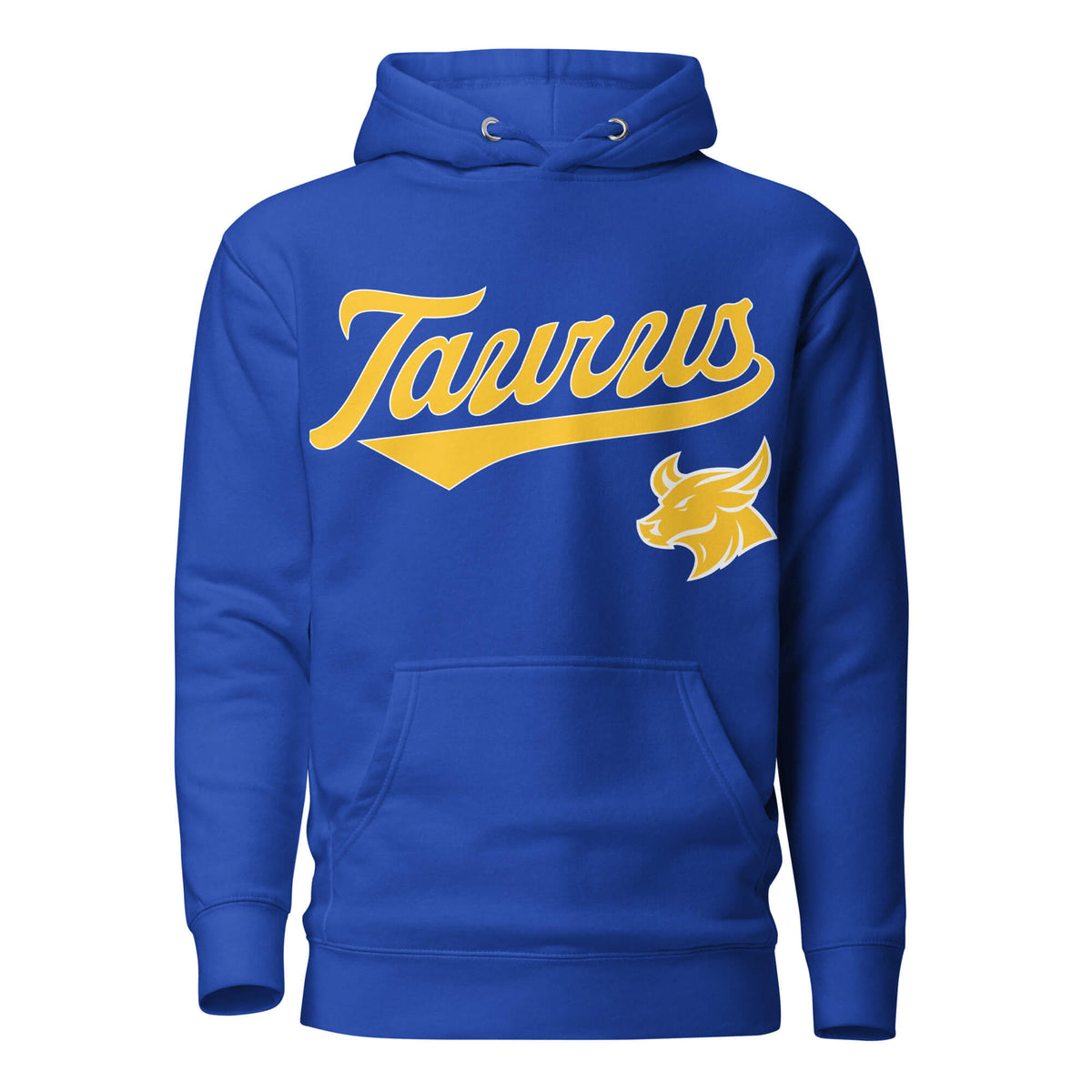 Taurus zodiac sports graphic hoodie, blue with gold ink, unisex athletic astrology apparel, front flat lay