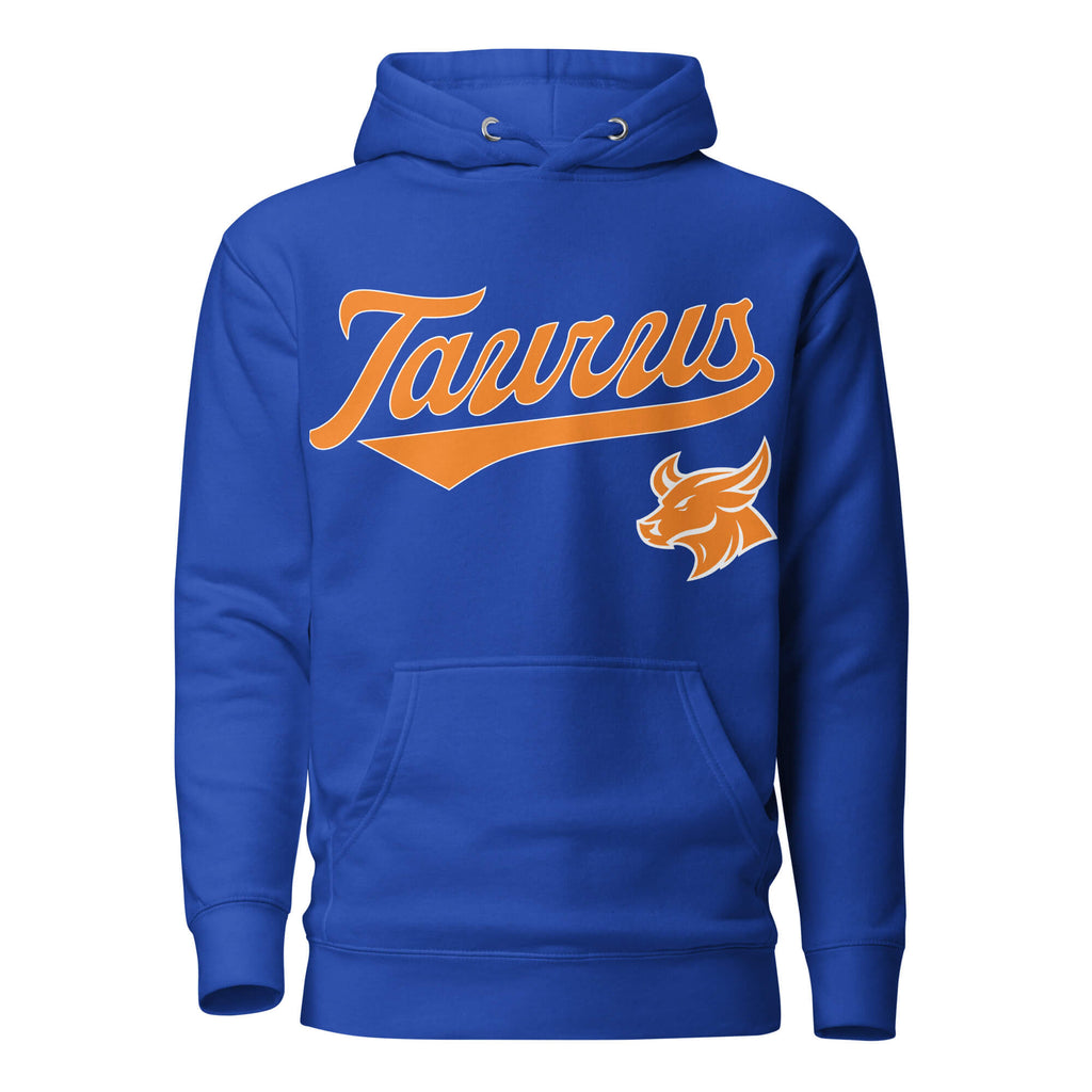 Taurus zodiac sports graphic hoodie, blue with orange ink, unisex athletic astrology apparel, front flat lay