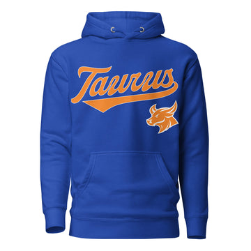 Taurus zodiac sports graphic hoodie, blue with orange ink, unisex athletic astrology apparel, front flat lay
