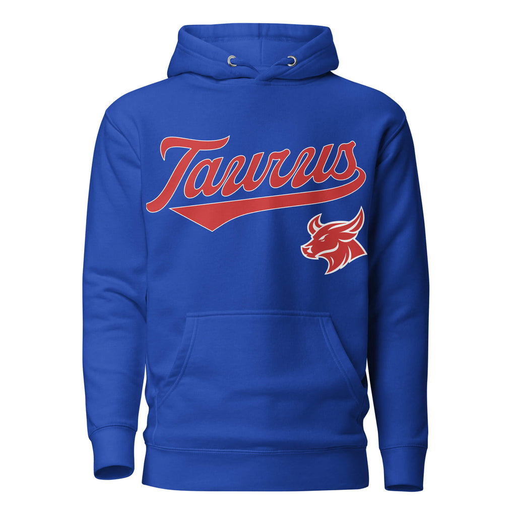 Taurus zodiac sports graphic hoodie, blue with red ink, unisex athletic astrology apparel, front flat lay