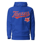 Taurus zodiac sports graphic hoodie, blue with red ink, unisex athletic astrology apparel, front flat lay