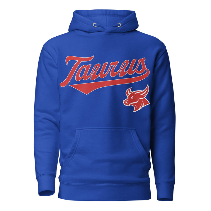Taurus zodiac sports graphic hoodie, blue with red ink, unisex athletic astrology apparel, front flat lay