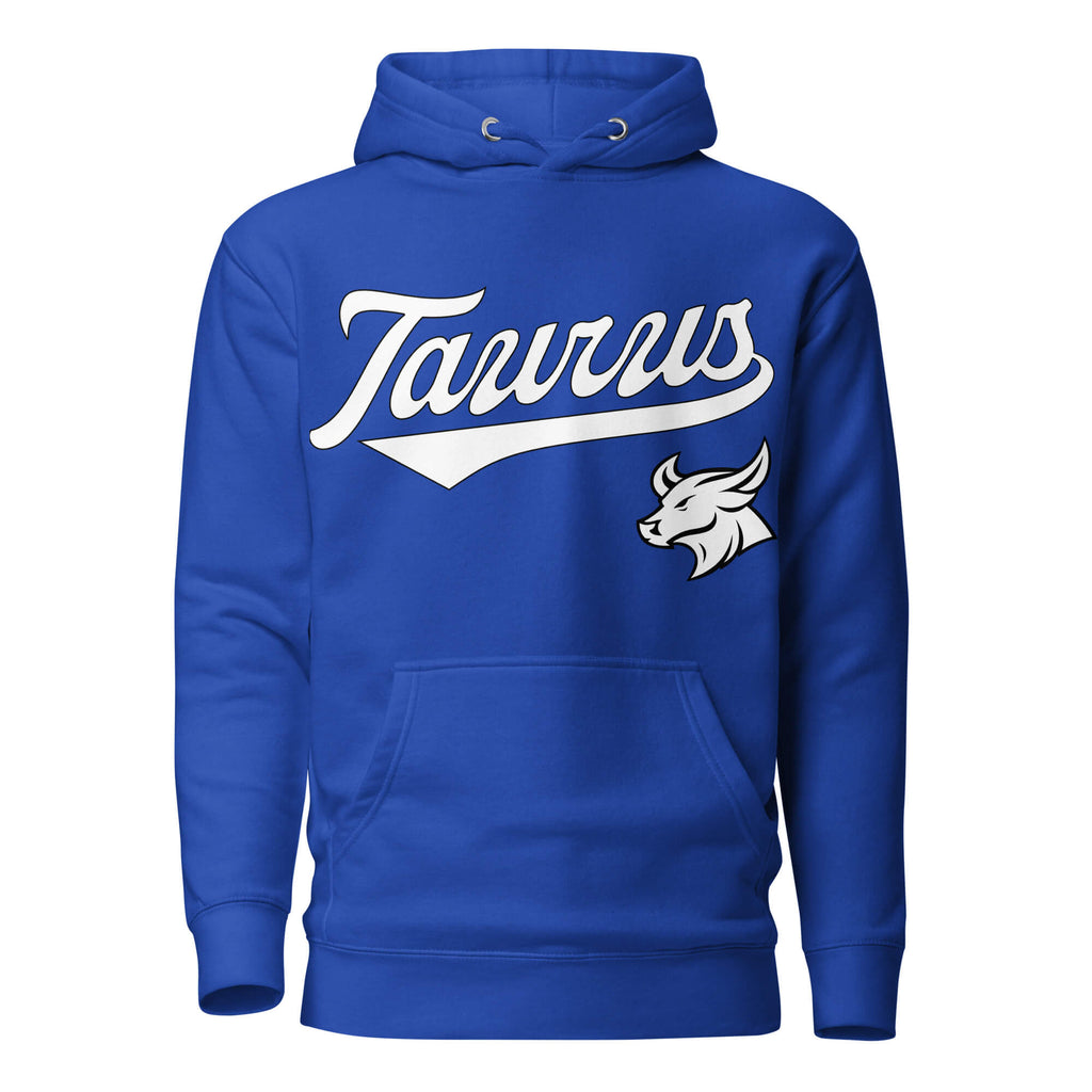 Taurus zodiac sports graphic hoodie, blue with white ink, unisex athletic astrology apparel, front flat lay