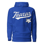 Taurus zodiac sports graphic hoodie, blue with white ink, unisex athletic astrology apparel, front flat lay