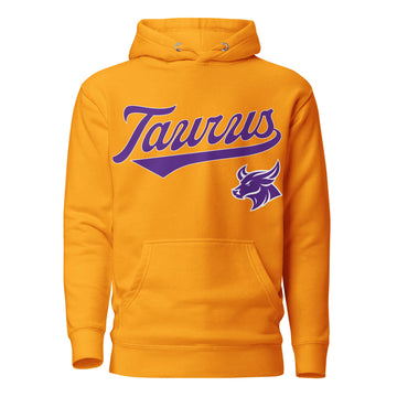 Taurus zodiac sports graphic hoodie, gold with purple ink, unisex athletic astrology apparel, front flat lay