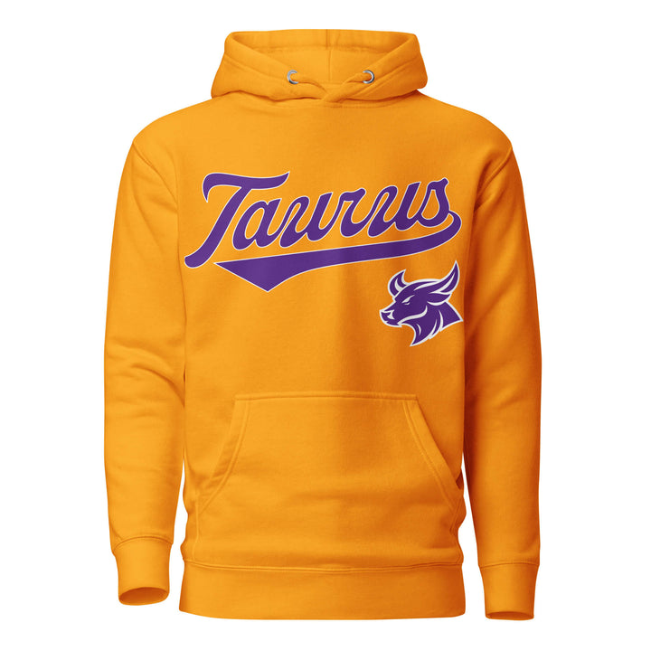 Taurus zodiac sports graphic hoodie, gold with purple ink, unisex athletic astrology apparel, front flat lay