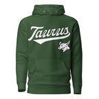 Taurus zodiac sports graphic hoodie, green with white ink, unisex athletic astrology apparel, front flat lay
