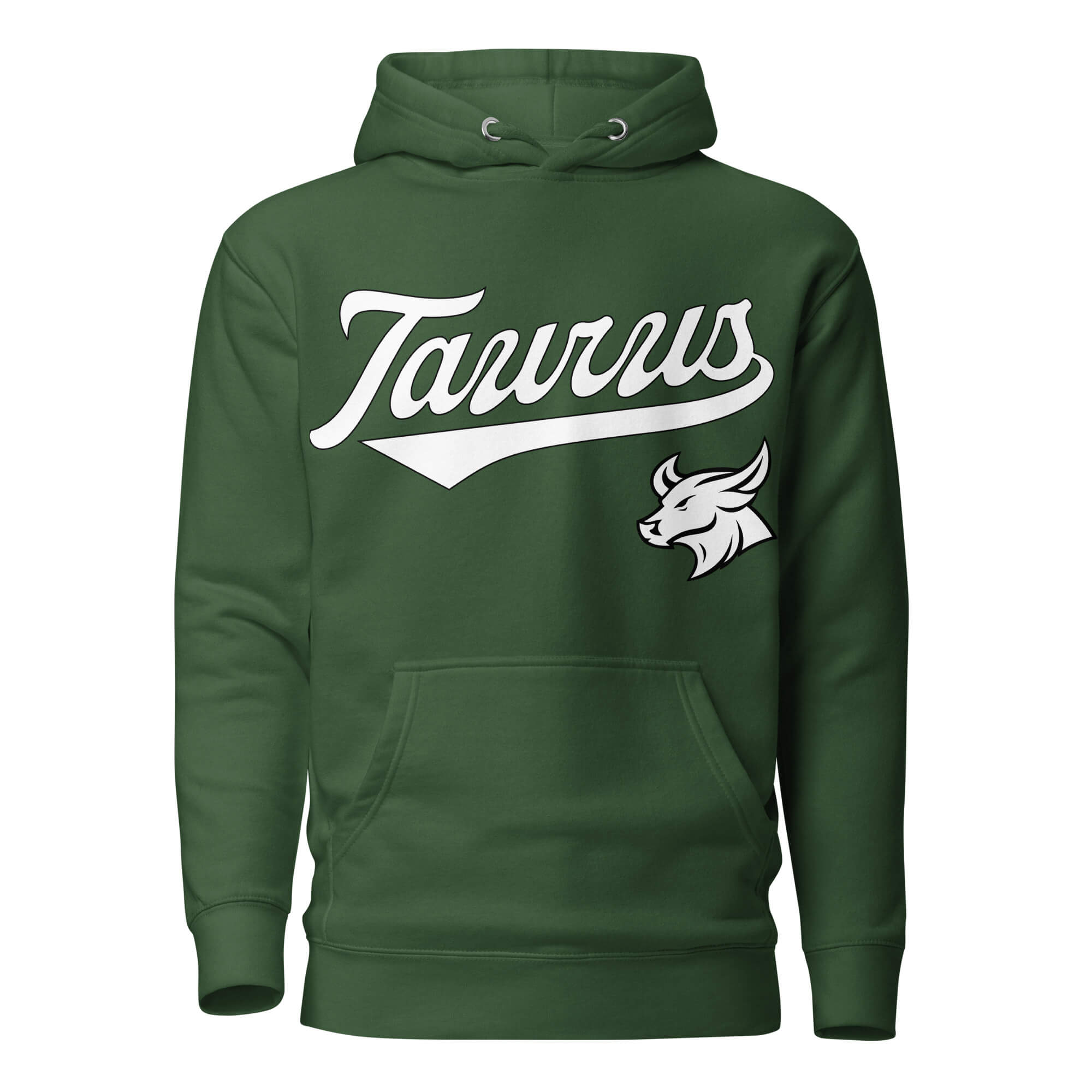 Taurus zodiac sports graphic hoodie, green with white ink, unisex athletic astrology apparel, front flat lay