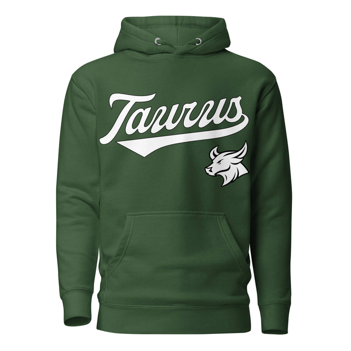 Taurus zodiac sports graphic hoodie, green with white ink, unisex athletic astrology apparel, front flat lay