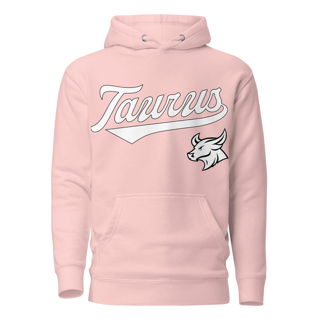 Taurus zodiac sports graphic hoodie, pink with white ink, unisex athletic astrology apparel, front flat lay