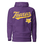 Taurus zodiac sports graphic hoodie, purple with gold ink, unisex athletic astrology apparel, front flat lay