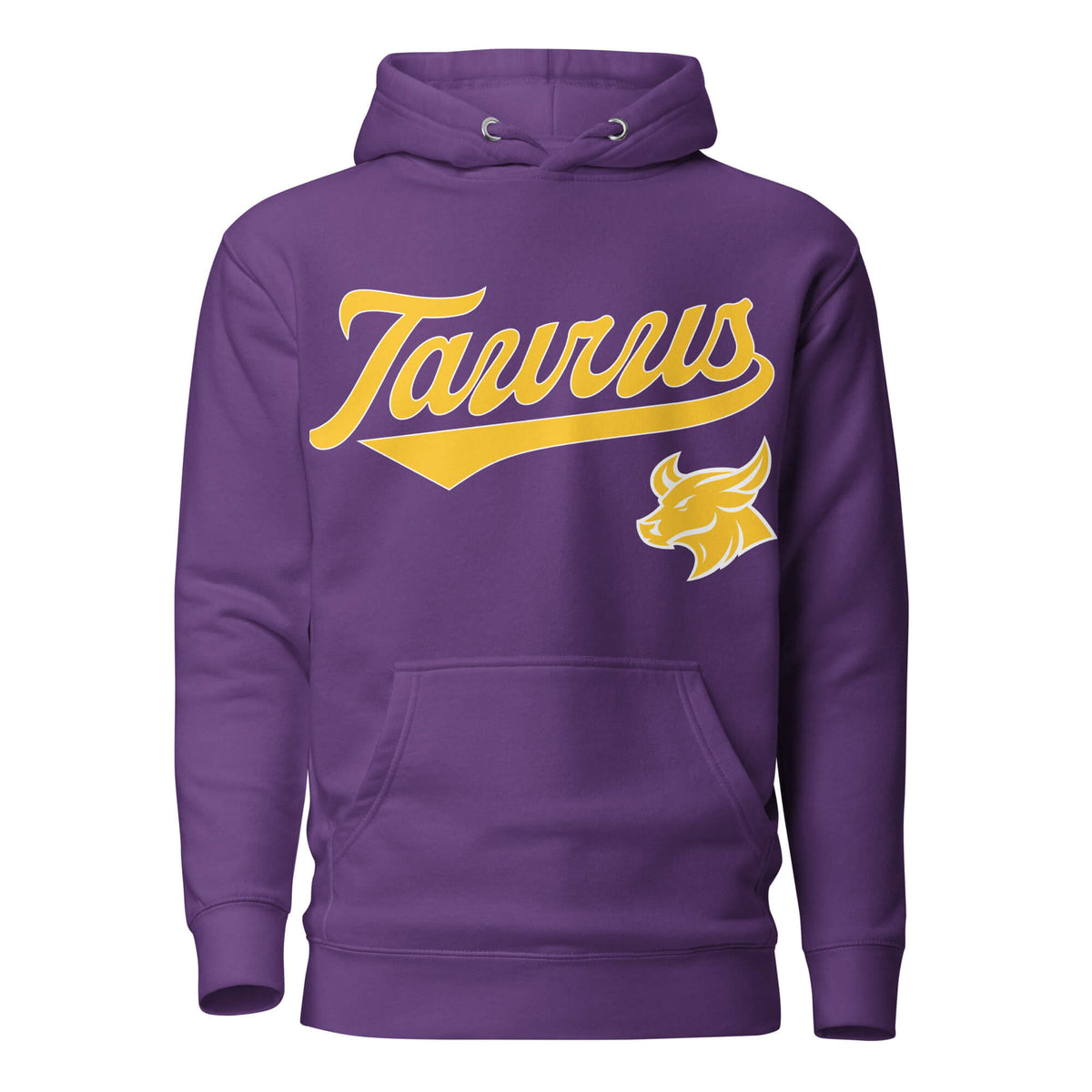 Taurus zodiac sports graphic hoodie, purple with gold ink, unisex athletic astrology apparel, front flat lay