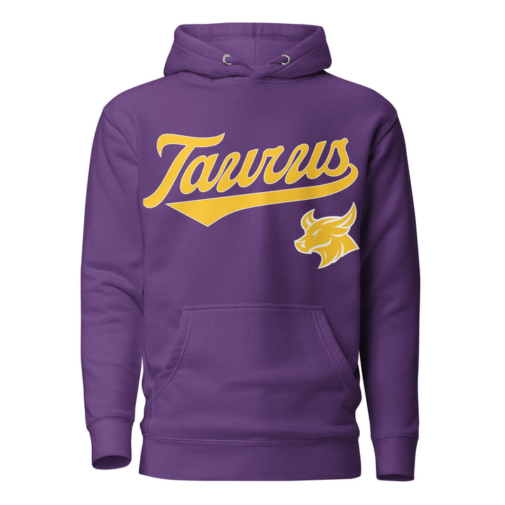 Taurus zodiac sports graphic hoodie, purple with gold ink, unisex athletic astrology apparel, front flat lay