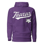 Taurus zodiac sports graphic hoodie, purple with white ink, unisex athletic astrology apparel, front flat lay