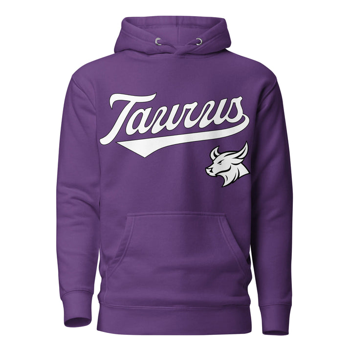 Taurus zodiac sports graphic hoodie, purple with white ink, unisex athletic astrology apparel, front flat lay