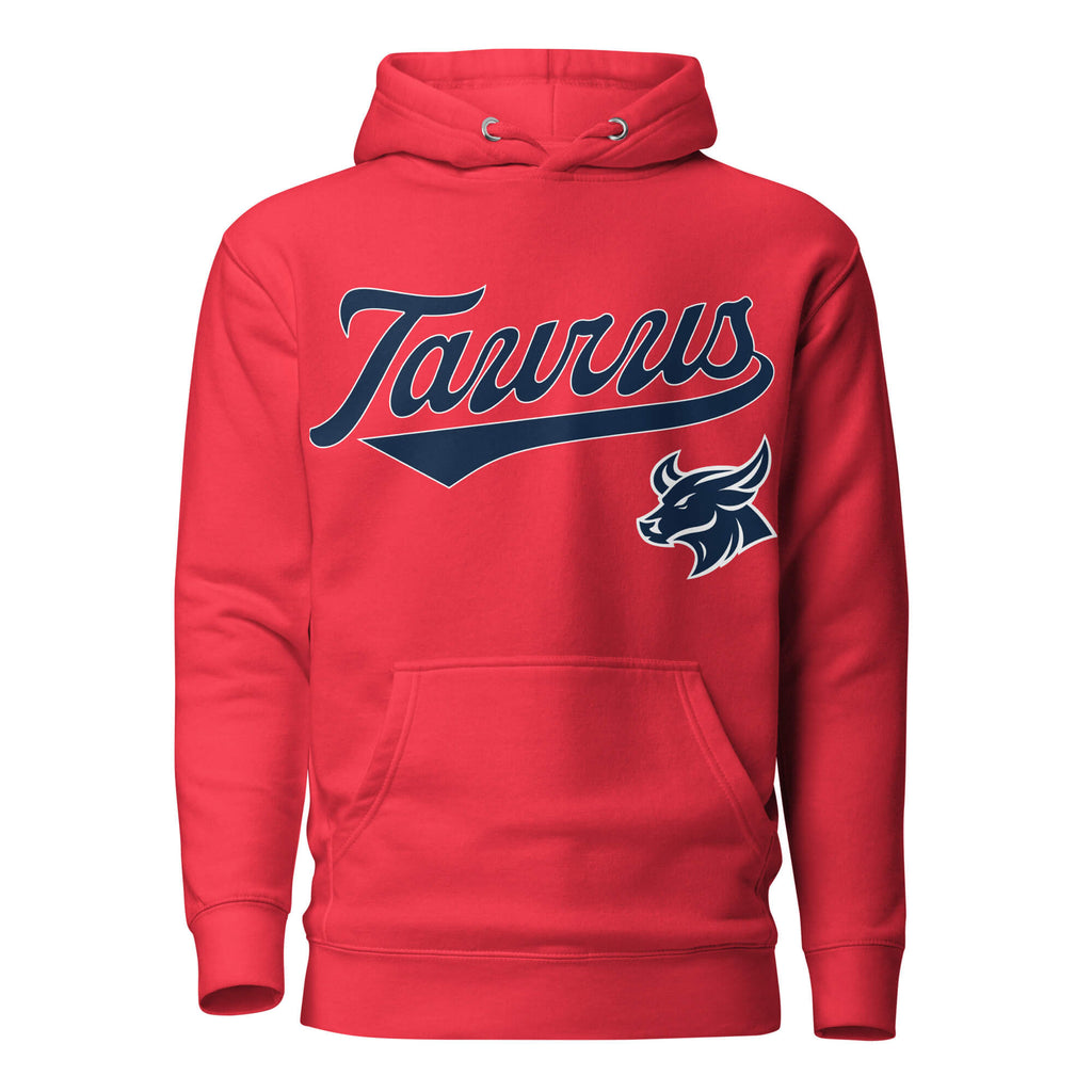Taurus zodiac sports graphic hoodie, red with blue ink, unisex athletic astrology apparel, front flat lay