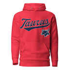 Taurus zodiac sports graphic hoodie, red with blue ink, unisex athletic astrology apparel, front flat lay